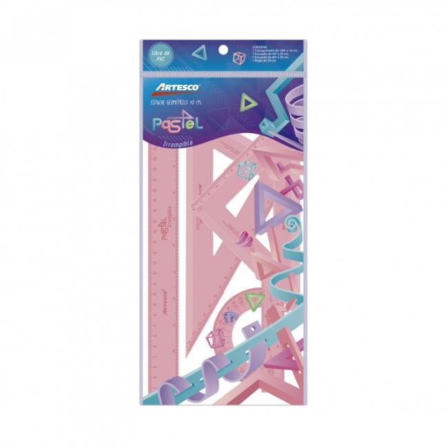 Estuche Geométrico Pastel Artesco 30 cm | 4 Piezas Flexibles Irrompibles + Bisel Anti-Mancha