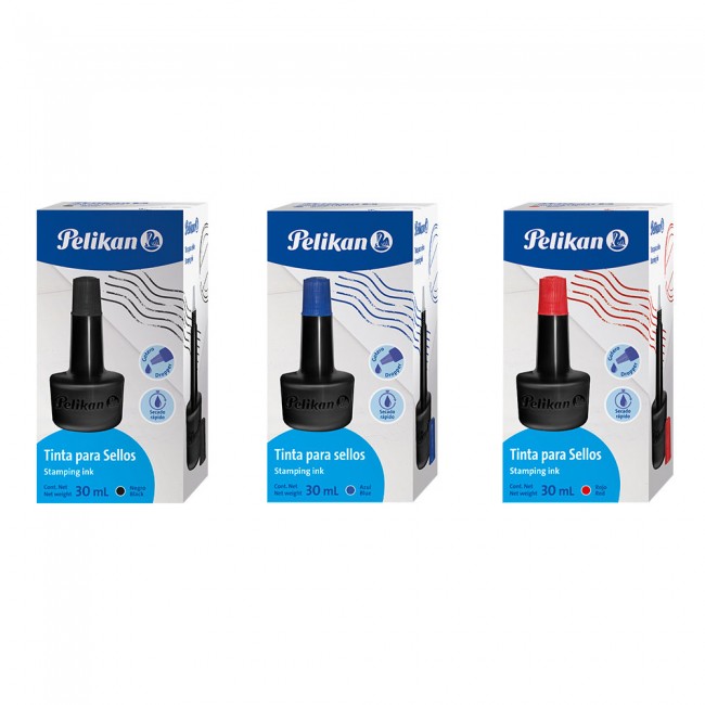 Tinta para Sellos PELIKAN - 30ML, Secado Rápido, Negro/Rojo/Azul