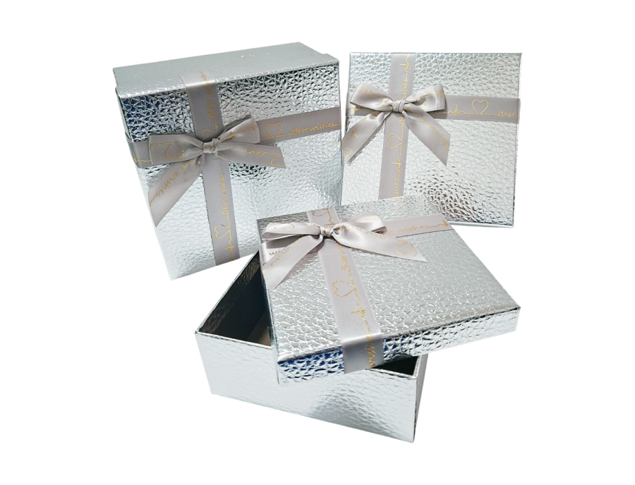 Set de cajas de regalo cuadradas metalizadas con moño ya armado – elegancia y practicidad en cada detalle