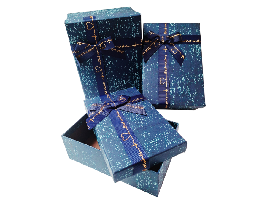 Caja de regalo rectangular con moño (Set x3) azul o gris
