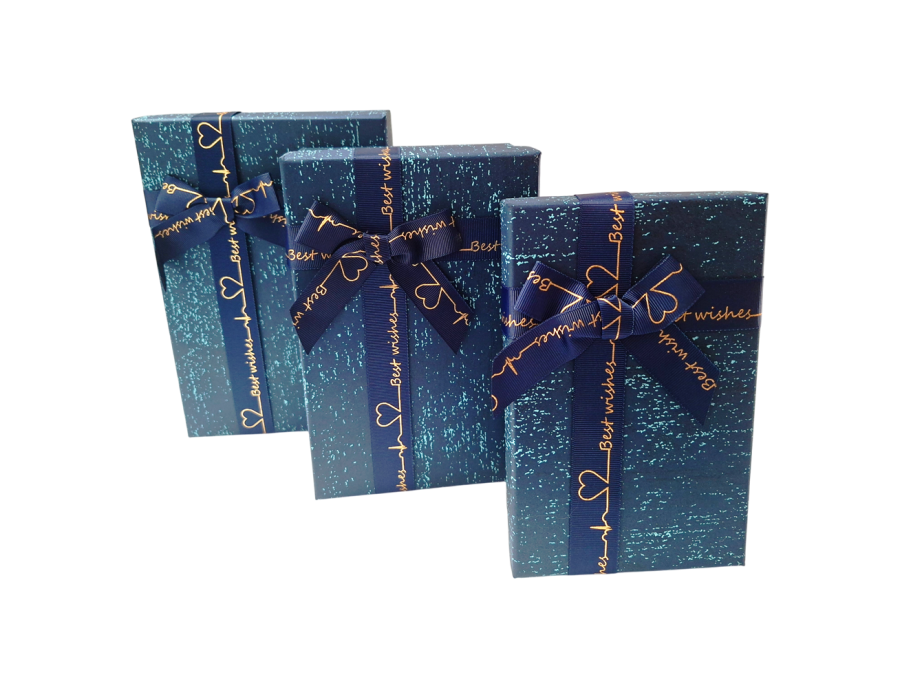 Caja de regalo rectangular con moño (Set x3) azul o gris