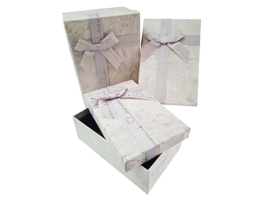 Caja de regalo rectangular con moño (Set x3) azul o gris