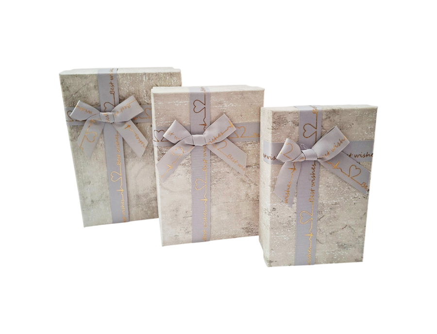 Caja de regalo rectangular con moño (Set x3) azul o gris