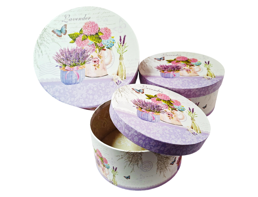 Caja de regalo redonda (Set x3) diseños lavanda y Teddy
