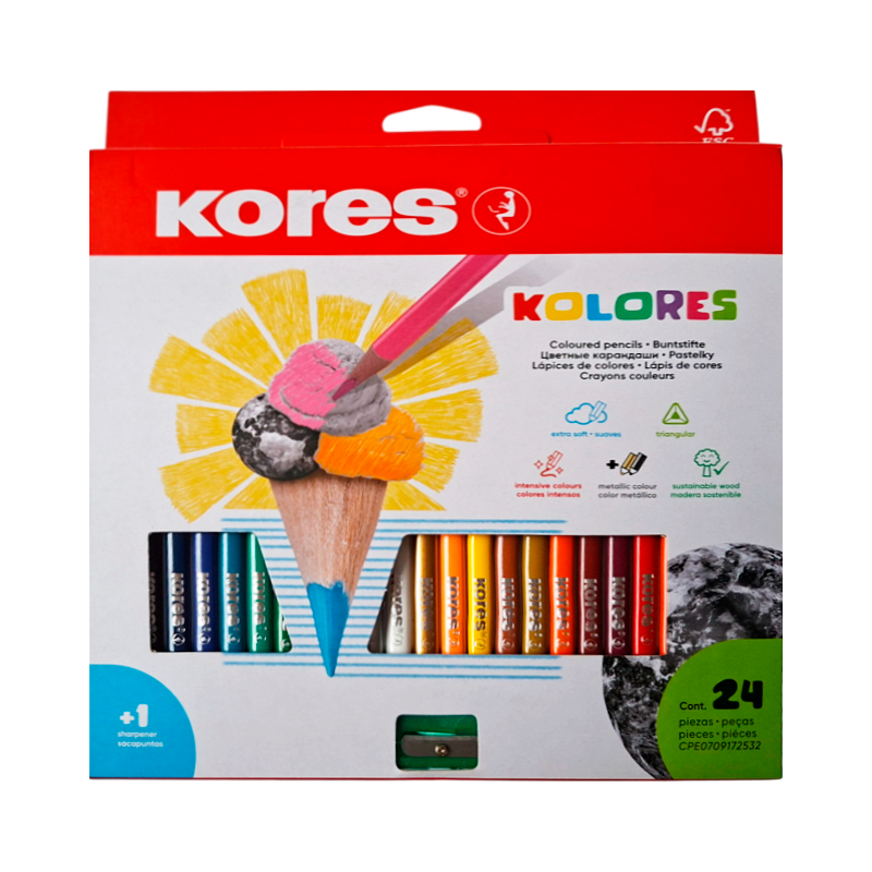 Colores Triangulares Kores 3mm x24 – Lápices de Colores Ergonómicos + Sacapuntas