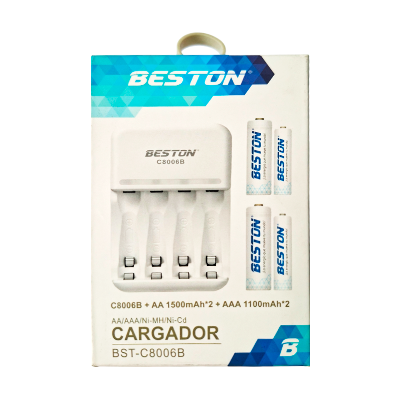 Cargador de Pilas Beston + 4 Pilas Recargables (2 AA + 2 AAA) – Carga Simultánea